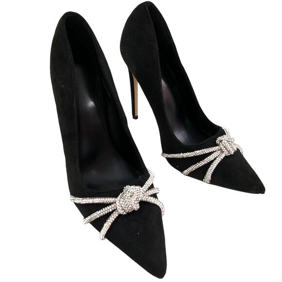 GORGEOUS BLACK MICROFIBER VEGAN SUEDE, SILVER ROPE DETAIL TOE HEELS, PUMPS! SZ 8 - Picture 1 of 9